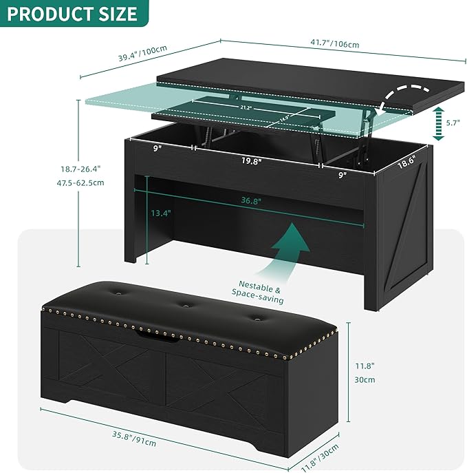 YITAHOME Lift Top Coffee Table Set with Storage Ottoman Bench & Wheels, 4 in 1 Convertible Dinning Center Tables with Hidden Compartment, Farmhouse Coffee Tables for Living Room Furniture, Black