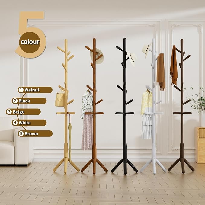 Solid Wood Coat Rack, Freestanding Tree-Shaped Coat Rack with 11 Hooks, Main Pole 1.6" dia for Clothes, Hat Stand Used in Bedroom/Office/Entryway (3-Leg Base, Natural Beige) - Image 7