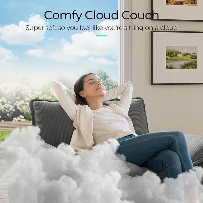 LINSY HOME 157'' Modular Sectional Sofa Grey Couch Corduroy Cloud Couches for Living Room, U Shaped Couch with Movable Ottoman, Modern Cloud Sectional Sofas for Bedroom and Apartment, Grey