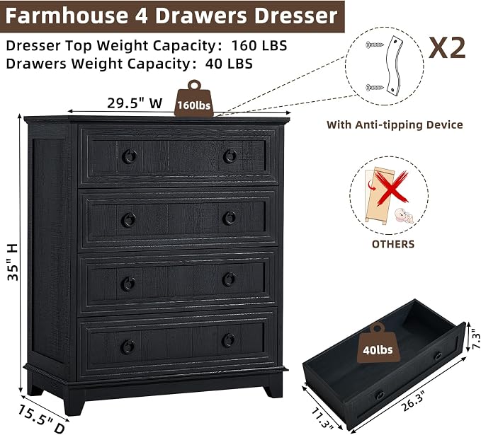 Joaxswe Farmhouse 4 Drawer Dresser for Bedroom, 35" Tall Small Dressers & Chest of Drawers, Rustic Wood Dresser with Metal Handle, Storage Organizer Closet for Living Room, Hallway, Entryway - Image 2