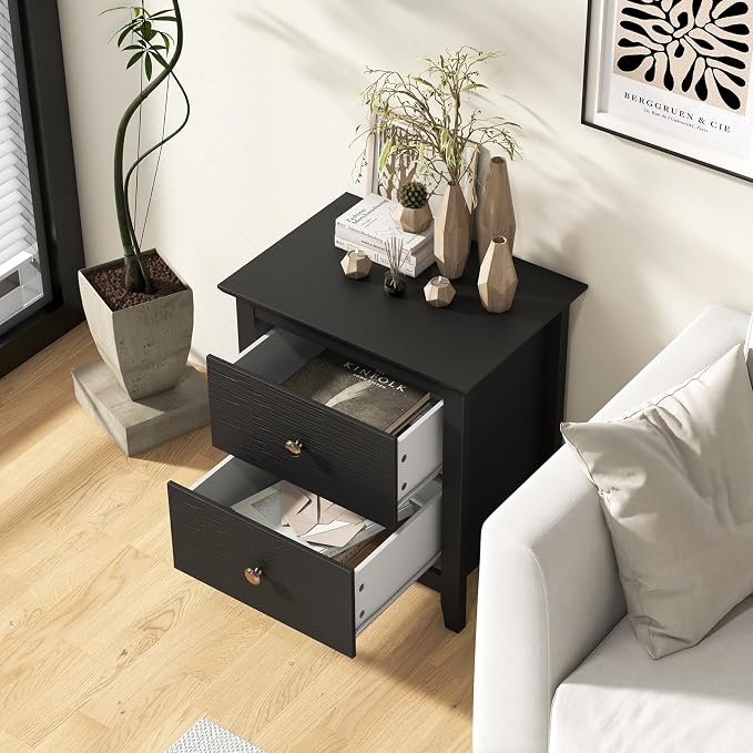 Giantex Nightstands Set of 2, Modern 2 Drawers Night Stands with Handles, Sofa Side Table with Sturdy Legs for Small Spaces, College Dorm, Kids’ Room, Wooden Bedside Tables for Bedroom, Black - Image 8