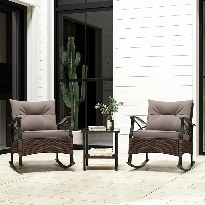 Tangkula 3 Pieces Outdoor Rocking Chairs Set, Rattan Heavy Duty Cushioned Rocker Chairs with 2-Tier Tempered Glass Coffee Table, for Garden, Balcony, Backyard - Image 7