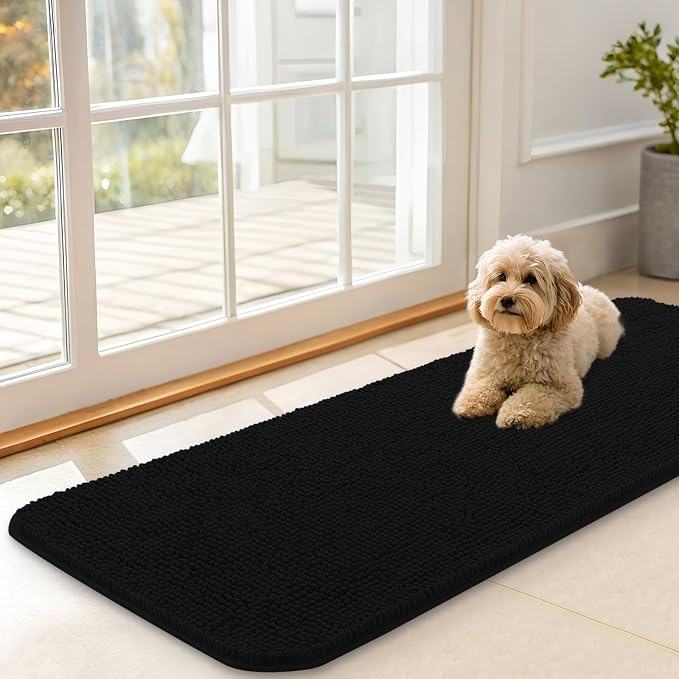 OLANLY Dog Door Mat for Muddy Paws 47x17, Absorbs Moisture and Dirt, Absorbent Non-Slip Washable Doormat, Quick Dry Chenille Mud Mat for Dogs, Entry Indoor Entryway Carpet for Inside Floor, Black by OLANLY