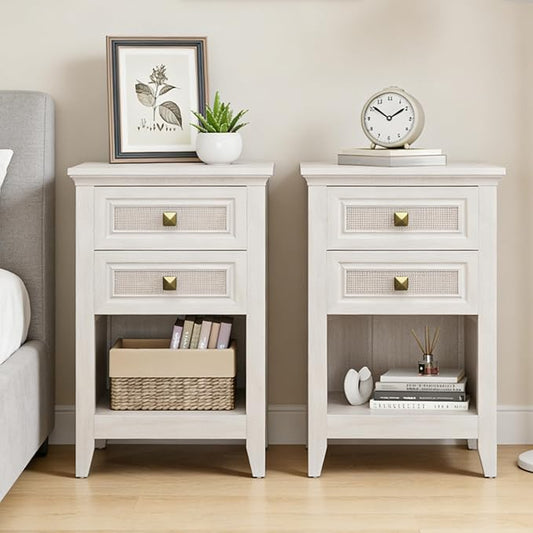 RoyalCraft Rattan Nightstand Set of 2, White Night Stand for Bedroom, Boho Bedside Table with 2 Drawers, Wood End Table for Small Space, Grayish White by Bringyoubetterlife