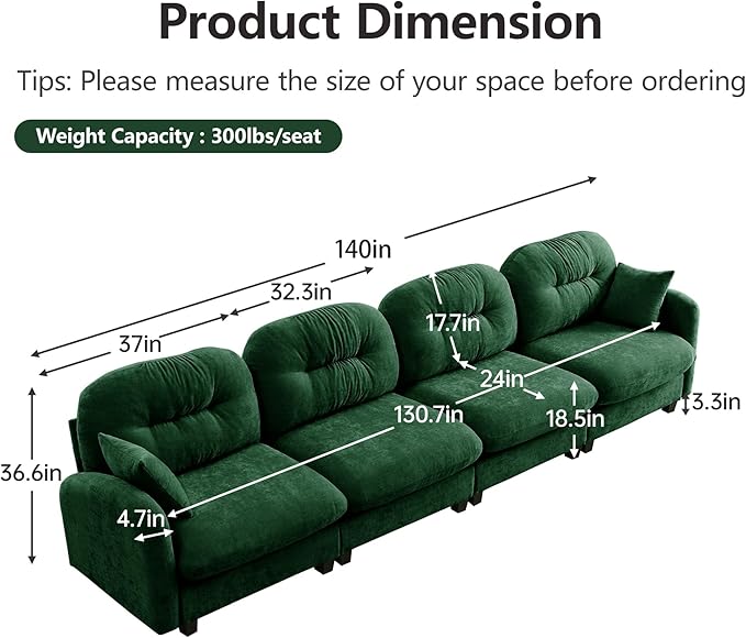 KEIKI 140" Oversized Chenille Modular Sectional Sofa with High-Density Foam Cushion and Tufted Pleated Cushion Backrest, Upholstered Modern 4-Seater Cloud Couch with 2 Pillow, for Living Room, Green