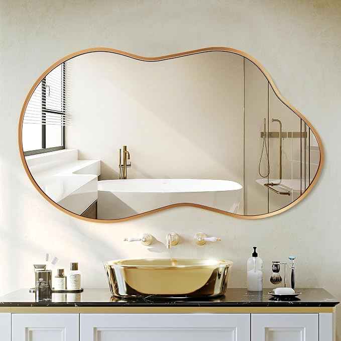 Dorlicecass Bathroom Mirror - Gold Irregular Wall Mirrors Decorative 26"x46" Asymmetrical Tempered Glass Aviation Aluminum Alloy Frame for Vanity, Bedroom, Living Room, Cloakroom, Entryway by Dorlicecass