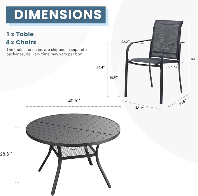 DIFY 5 Pieces Outdoor Patio Dining Set for 4, 40.6" Black Round Metal Dining Table and 4 Grey Stackable Sling Dining Chairs, Outdoor Table and Chairs for Lawn Garden Backyard Deck - Image 8