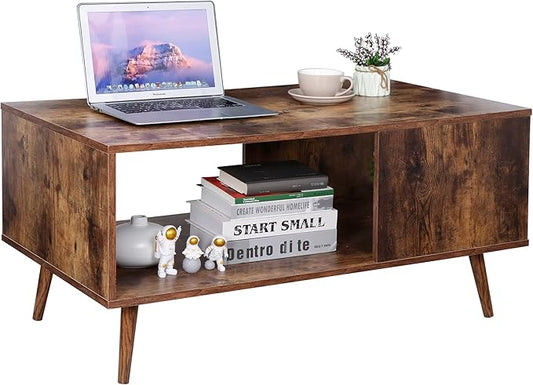 ZenStyle Mid Century Modern Coffee Table, Wooden Retro Coffee Table with Open Storage Shelf for Living Room, Reception, Easy Assembly (Brown)