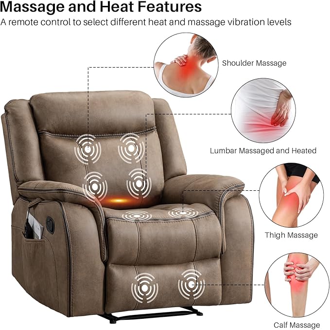 Massage Recliner Chair with Heat, Faux Leather Recliner Chairs for Adults, 39" Wide Manual Reclining Ergonomic Lounge Chair, Overstuffed Wall Hugger Recliners for Living Room, Nut Brown