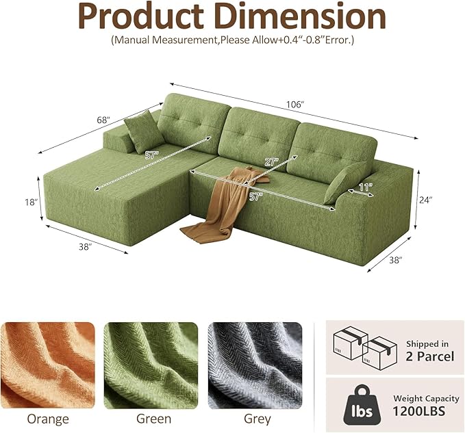 Ball & Cast Modular Cloud Sofa for Living Room,106'' Chenille Deep Seat Sectional Couch with Wider Armrest and Pillow,Modern Convertible Comfy Sofa Couches,No Assembly Required,Left Facing(Green)