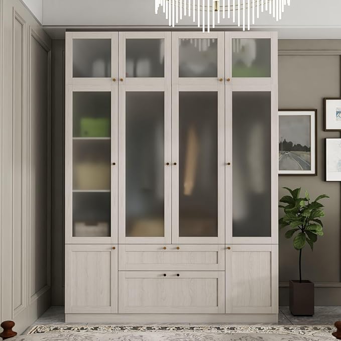 4 Door Wardrobe Armoire Closet with Hanging Rods & 2 Drawers, Bedroom Armoire with Frosted Glass Doors, Top Cabinets & Gold Handles, Wood Grain, 19.7”D x 63”W x 86.6”H