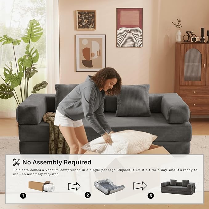4-in-1 Folding Convertible Sofa Bed, 77" Floor Couch with Pillow - Corduroy Fabric & High-Density Sponge & Fixed-Shape Frame, Modular Sofa for Living Room/Lounge/Studio, Dark Grey