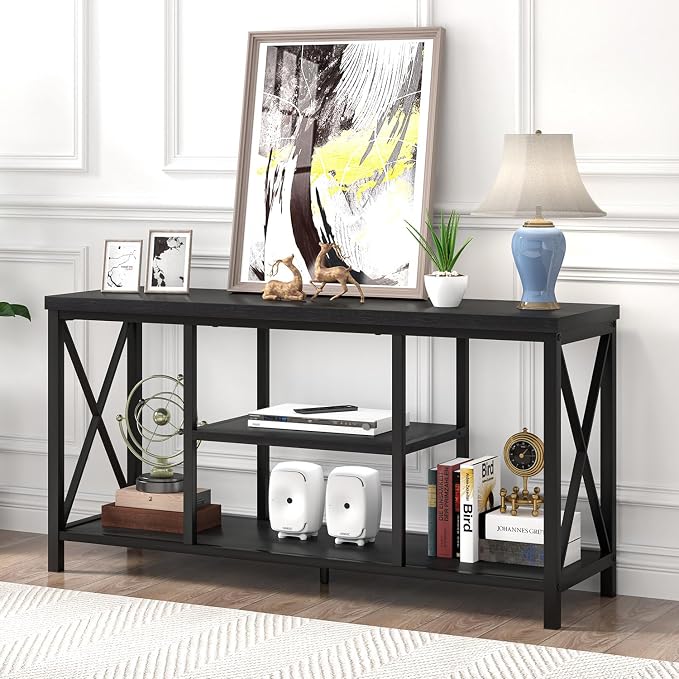 EXCEFUR Modern Entertainment Center for TVs up to 55 Inch, Wood TV Stands with Storage Shelves, Industrial Media TV Console Table for Bedroom Living Room, 47 Inch Black Oak - Image 3
