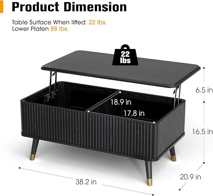 Lift Top Coffee Table with Storage, Modern Coffee Table with Solid Wood Legs, 38" Minimalist Fluted Center Table for Living Room, Home Office, Black