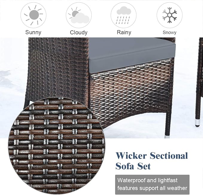 Tangkula 8 PCS Patio Rattan Conversation Set, Outdoor Wicker Furniture Set with Tempered Glass Coffee Table &Thick Cushion, Rattan Chair Wicker Set for Garden, Lawn, Poolside and Backyard (2, Gray)