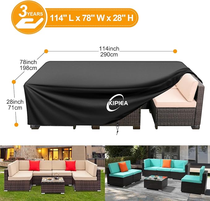 Kipiea Outdoor Furniture Covers Waterproof, 420D Heavy-Duty Patio Furniture Set Covers, No Tears Anti UV No Fading(114" L x 78" W x 28" H) - Image 2
