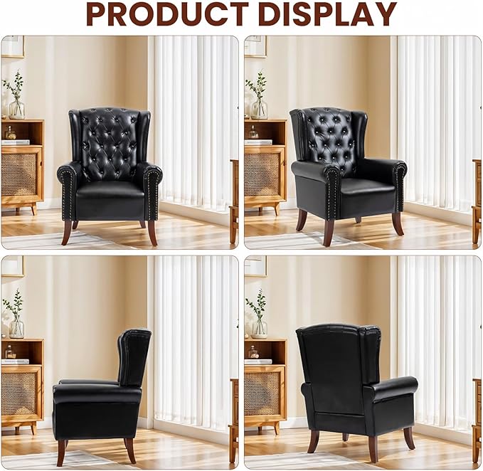 Modern Accent Chair Set of 2, Mid-Century Upholstered Wingback Armchair Club Sofa Chair with Wooden Legs, Living Room Chair for Bedroom, Balcony, Lounge (Blue Check)