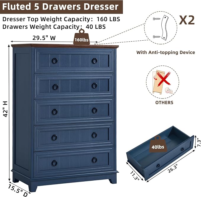 Joaxswe Farmhouse 5 Drawer Dresser for Bedroom, 42" Tall Small Dressers & Chest of Drawers, Rustic Wood Dresser with Metal Handle, Storage Organizer Closet for Living Room, Hallway, Entryway - Image 2