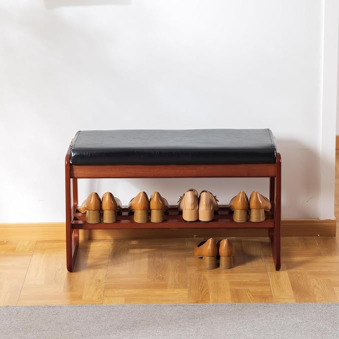latifolia Solid Wood Bench, Entryway Shoe Bench with Cushion, 2 Tier Shoe Storage Organizer for Hallway, Living Room(Black,31.50''L) - Image 7
