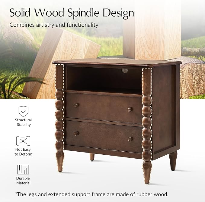 HULALA HOME Farmhouse Storage End Table with Spindle Columns, 2 Drawers and Open Shelf Side Table, Solid Wood Fluted Side Table with Charging Station, Walnut - Image 3