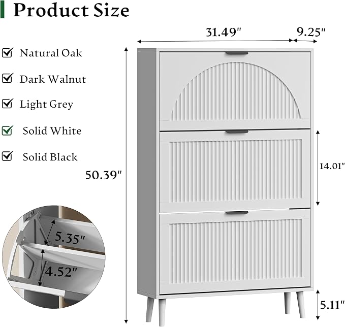 Xixini Shoe Storage Cabinet with 3 Flip Drawers, 50" Tall Narrow Wood Fluted Shoe Organizer for Entryway, Freestanding Wooden Hidden Slim Shoe Rack for Front Door Entrance, Hallway, Foyer, Solid White - Image 2