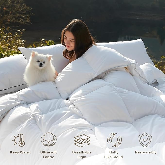 DWR Heavyweight Down Feather Fibers Comforter King, Ultra-Soft Cotton Blend Fabric, 65oz Thicker Hotel Style Down Feather Fibers Duvet Insert for Cold Weather/Sleeper (106x90, White)