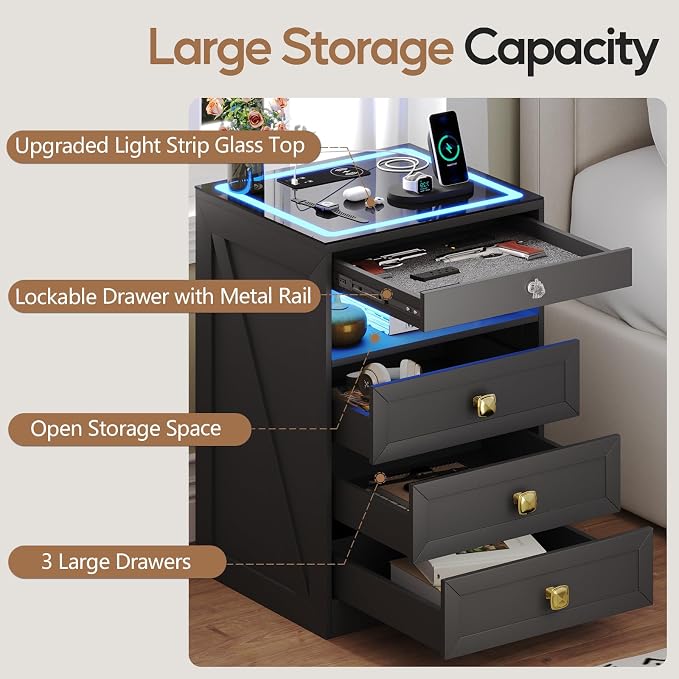 Smart Nightstand with Lockable Gun Drawer,Farmhouse Bedside Table with Charging Station and 3 LED Lights, Modern Night Stand with 3 Drawers,Glass Top End Side Table for Bedroom（Black） - Image 7