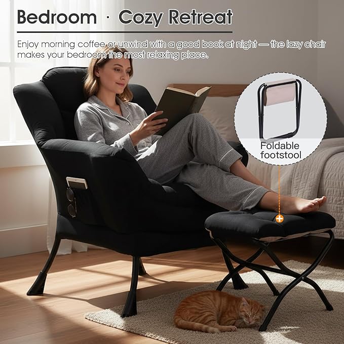 Lazy Chair with Ottoman, Large Accent Chair with Ottoman and a Throw Pillow, Black Reading Chair for Living Room Bedroom Dorm Room Office Apartment Relaxing Use