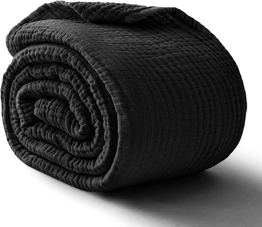 100% Cotton Muslin Blanket Twin 66" x 90", 6 Layers Breathable and Lightweight Cotton Blankets for Couch, Soft Cooling Summer Gauze Blanket for Adults All Season, Black