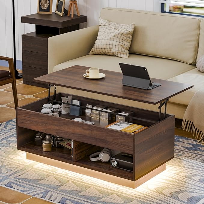 HOMMPA Lift Top Coffee Table with LED Light, Modern Center Table for Living Room, 3 Tiers Tea Table with Storage,Small Apartment Furniture with Hidden Compartment & 2 Open Shelves, Walnut