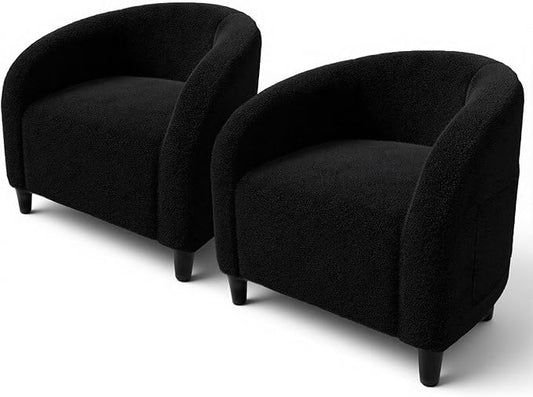GarveeHome Accent Chair Set of 2 Living Room Chairs Barrel Boucle Chairs Comfy Armchairs for Bedroom Reading Room Reception Chairs(Black)