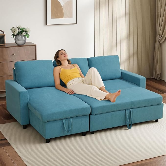 L-Shaped Sleeper Sofa with Chaise Lounge & Storage, Pull-Out Couch Bed with Recliner, Full Size Futon for Living Room, Office, Apartment Teal