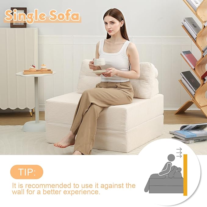 MeMoreCool Folding Sofa Bed – Convertible Sleeper Chair with Pillow, Beige, 31.5″ × 70.1″ Shredded Foam Lounge Chair for Living Room, Bedroom, Small Spaces | Headrest & Lumbar Support, Corded Fabric