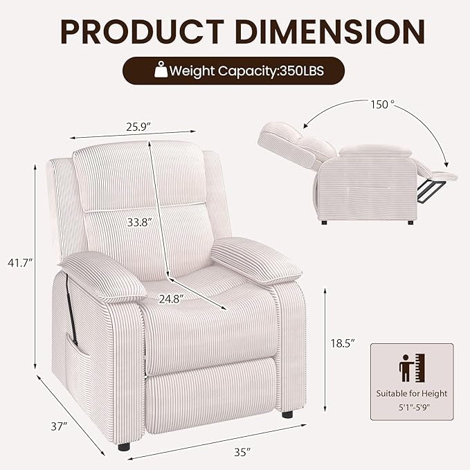 EROMMY Electric Recliner Chair, Oversized Power Recliner with USB Charging Port & Side Pockets, Heavy Duty Corduroy Reclining Sofa Chair, Wide Seat Living Room Chair for Adults, Beige
