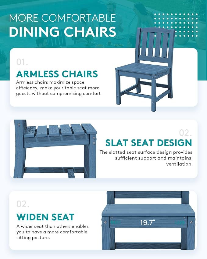 SERWALL 7-Piece Outdoor Dining Set, 60" - 83" Expandable Outdoor Dining Table and 6 HDPE Chairs, All Weather HDPE Outdoor Furniture Set for Backyard, Garden, Blue - Image 6