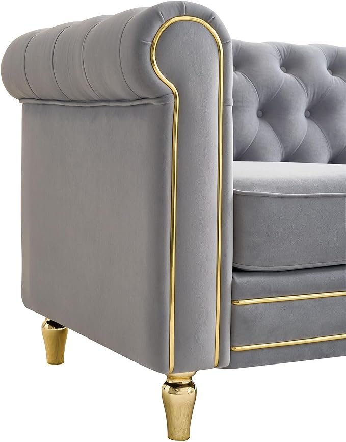 KEIKI 85" Chesterfield Velvet Tufted Button Sofa with Deep Seat Cushions and Rolled Arms, Modern 3-Seater Couch Decorated with Gold Strip, Easy Assembly, for Living Room, Bedroom, Office, Light Grey