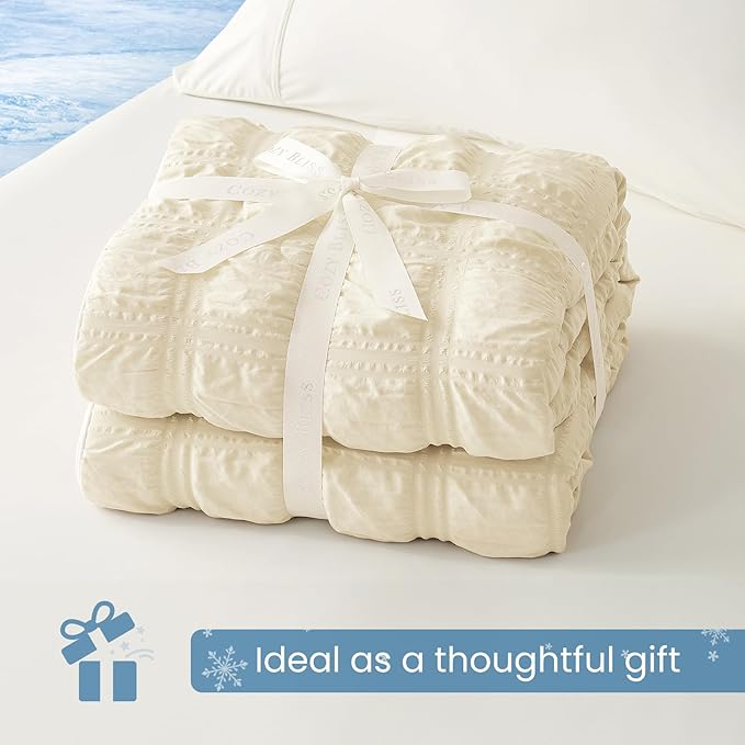 Cozy Bliss Cooling Comforter Seersucker Plaid Queen Size, Q-Max 0.45 Lightweight Cooling Blanket, Breathable Silk Smooth Summer Bedding Quilt for Hot Sleepers Night Sweats Khaki