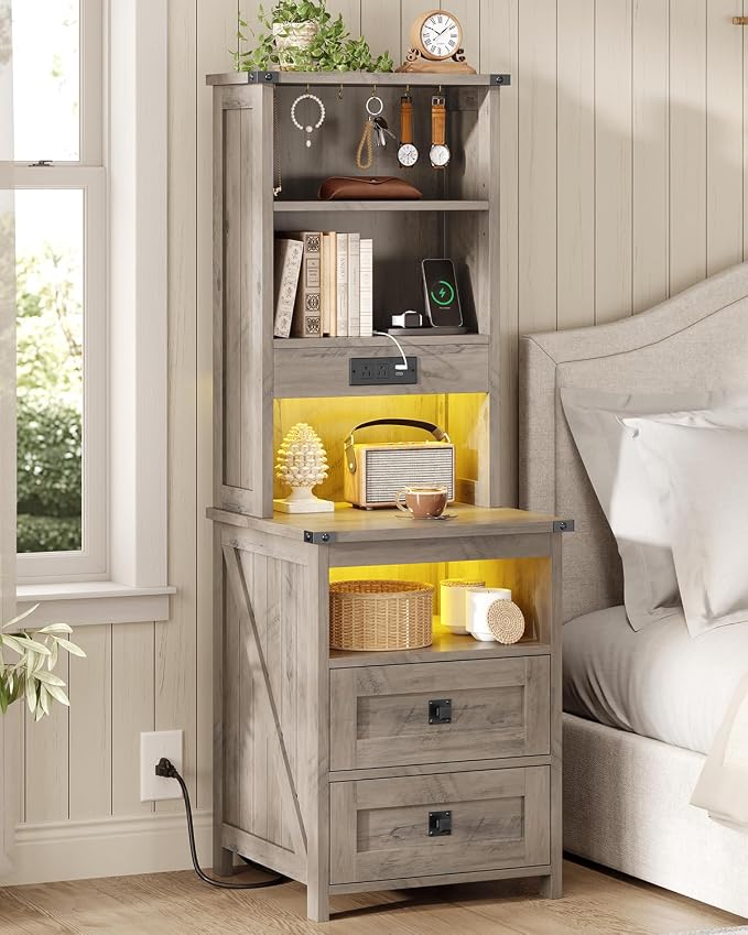 Farmhouse Tall Nightstand with Charging Station and 2 Drawers,Led Night Stand with Bookshelf,Bedside End Side Table with 6 Hooks and Storage Shelves for Bedroom,Grey by Unknown