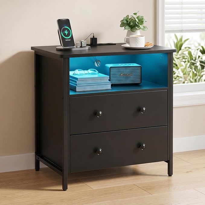 27 Inch Wide Night Stand, Large Wood Night Stand with 2 Drawer, LED Nightstand with Charging Station and Adjustable Drawer, Bedside Table for Living Room/Bedroom/Study/Office, Black. by Tykacna
