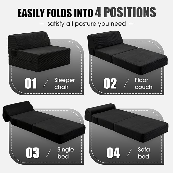 Folding Sofa Bed with Pillow, Memory Foam Fold Out Chair Bed, Convertible Sleeper Chair with Washable Cover, Futon Floor Couch for Living Room/Dorm/Guest Use/Home Office/Apartment, Black