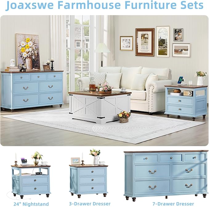 Joaxswe Farmhouse 54" 7 Drawers Dresser for Bedroom, Wide Wood Chest of Drawers w/ 4 Wooden Legs, Vintage Large Storage Dressers Organizer for Hallway, Rustic TV Stand for Living Room, Light Blue - Image 4
