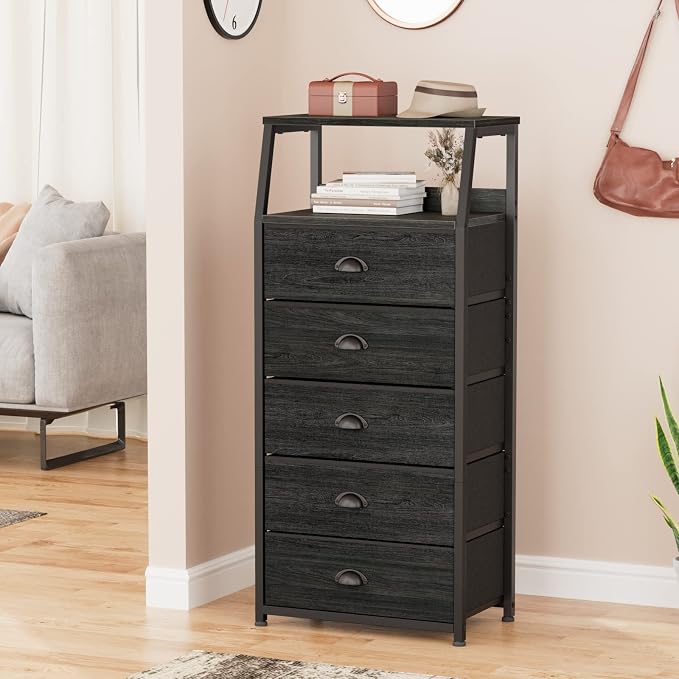 Furnulem Black Dresser with 5 Drawers, Vertical Storage Tower Fabric Dresser for Bedroom, Hallway, Entryway, Nursery, Closet Organizer, Nightstand Bedside Table Furniture, Sturdy Steel Frame, Wood Top - Image 8