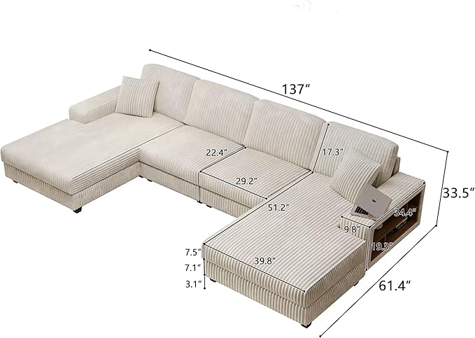 ERYE U-Shaped Modular Sectional Sofa Convertible Symmetrical Sofa Couch with Removable Chaise Lounges, U Shaped Double Chaises Sectional Couches with Storage Armrests