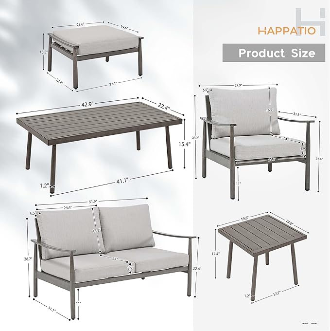 HAPPATIO Patio Outdoor Furniture Set - 7 Pieces Aluminum Outdoor Conversation Set Includes 1 Loveseat, 1 Coffee Table, 1 Side Table, 2 Armchairs, and 2 Ottomans for Porch, Lawn (Grey)