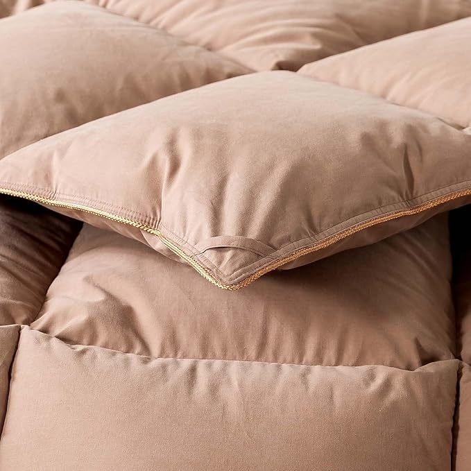 Down Comforter Queen Size – All Season Medium Weight Fluffy Khaki Duvet Insert, Warm Feather Bedding, Soft 100% Cotton Cover, 90x90 Inch