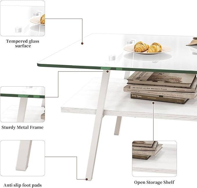 IANIYA Glass Coffee Table for Living Room Small Gold Mid Century Coffee Table for Living Room with Wood Shelves (White Frame, Transparent Glass + White Wood)