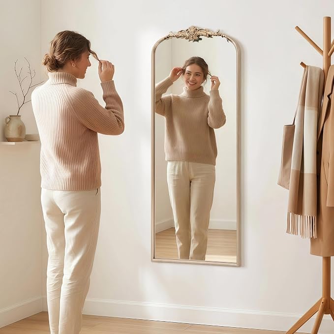 Besdomus Arched Mirror Full Length: 21"x56" French Champagne Gold Vintage Full Body Mirror - Floor Antique Baroque Traditional Ornate for Entryway/Cloakroom/Bedroom - Home Decor for Fashion-Conscious - Image 2