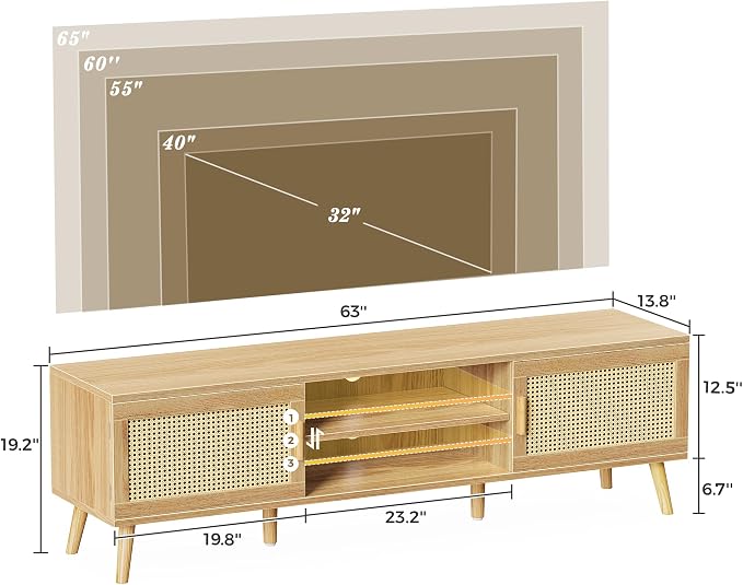 SUPERJARE Boho TV Stand for 75 Inch TV, Entertainment Center with Adjustable Shelf, Rattan TV Console with 2 Cabinets, Media Console, Solid Wood Feet, 4 Cord Holes, for Living Room - Natural - Image 7