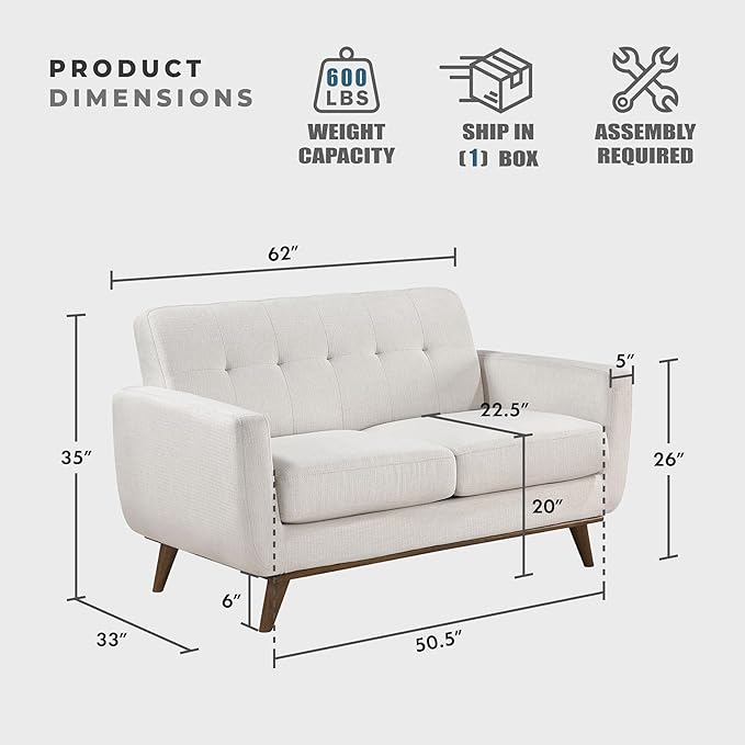Lexicon Modern Accent Couch, Textured Fabric Upholstered Loveseat with Brown Wood Legs, Track Arms, Tufted Couch Back, 2 Seater Loveseat Sofa for Living Room/Office/Waiting Room, Beige