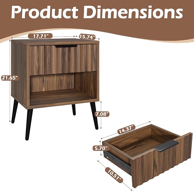 JOMEED Solid Wood Nightstand with 2 Fluted Drawers & Adjustable Shelf, Multi-Use Bedside Table, End Table for Bedroom, 15.74" D x 17.71" W x 21.65" H, Walnut - Image 2